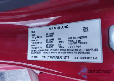 2020 Tesla Model 3 Standard Range Plus Rear-Wheel Drive/Standard Range Rear-Wheel Drive from USA, damaged, VIN 5YJ3E1EA2LF718774